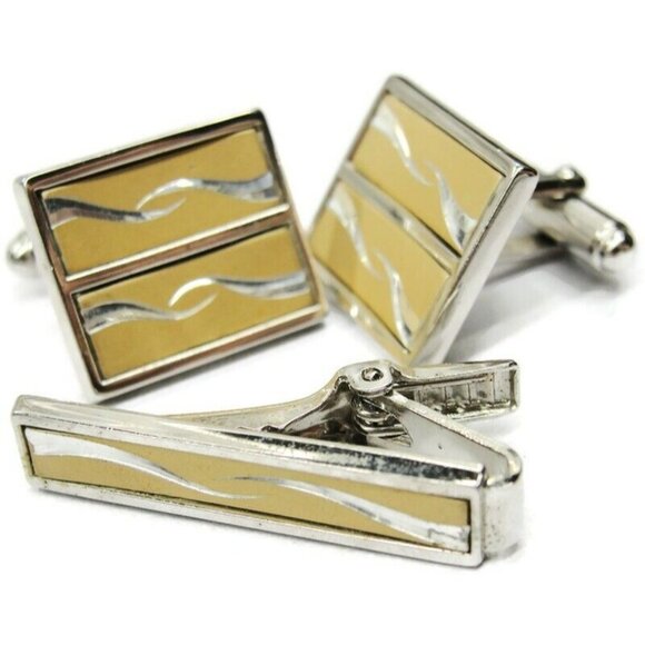 Anson Cufflinks Neck Tie Clip Set Two Tone Brushed Tux Shirt Dress Suit Vintage - Picture 1 of 8